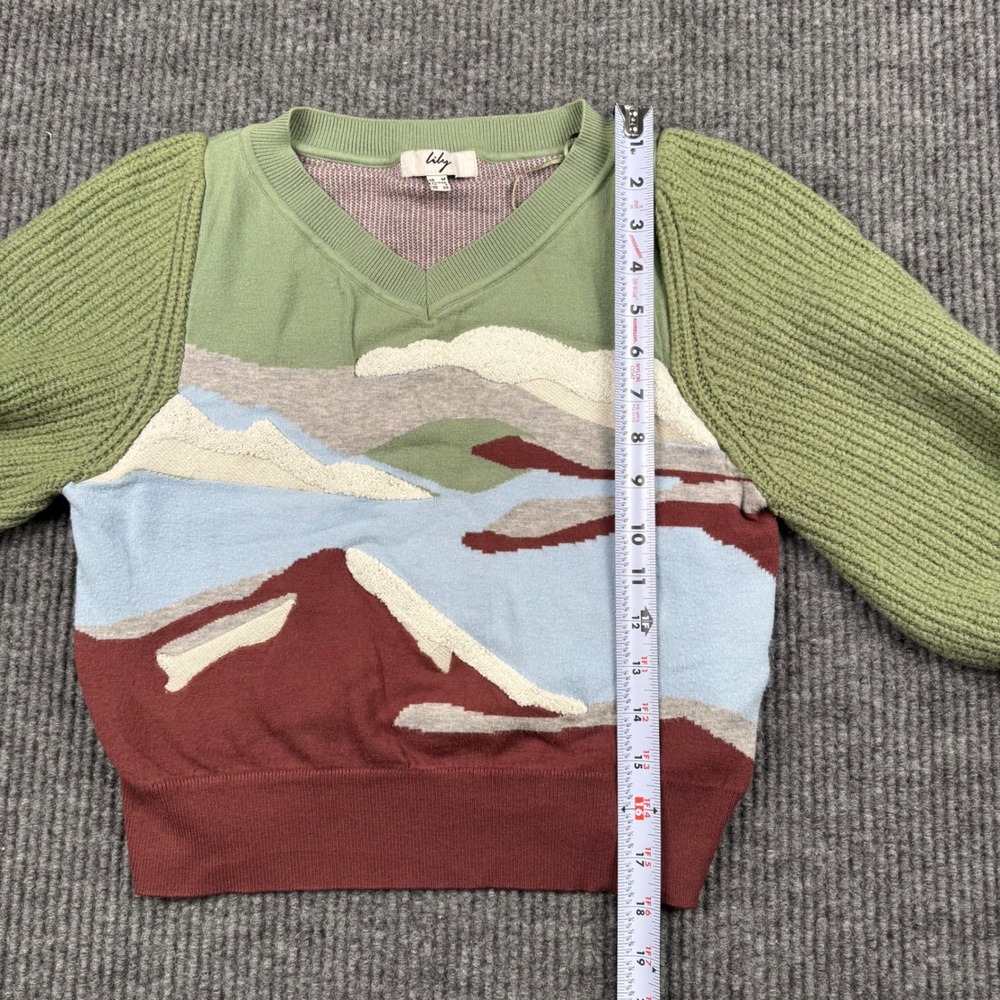 Lily Landscape Scenic Knit Cropped Sweater Colorblock Artsy Boho V Neck XS‎ 936 - Picture 7 of 11